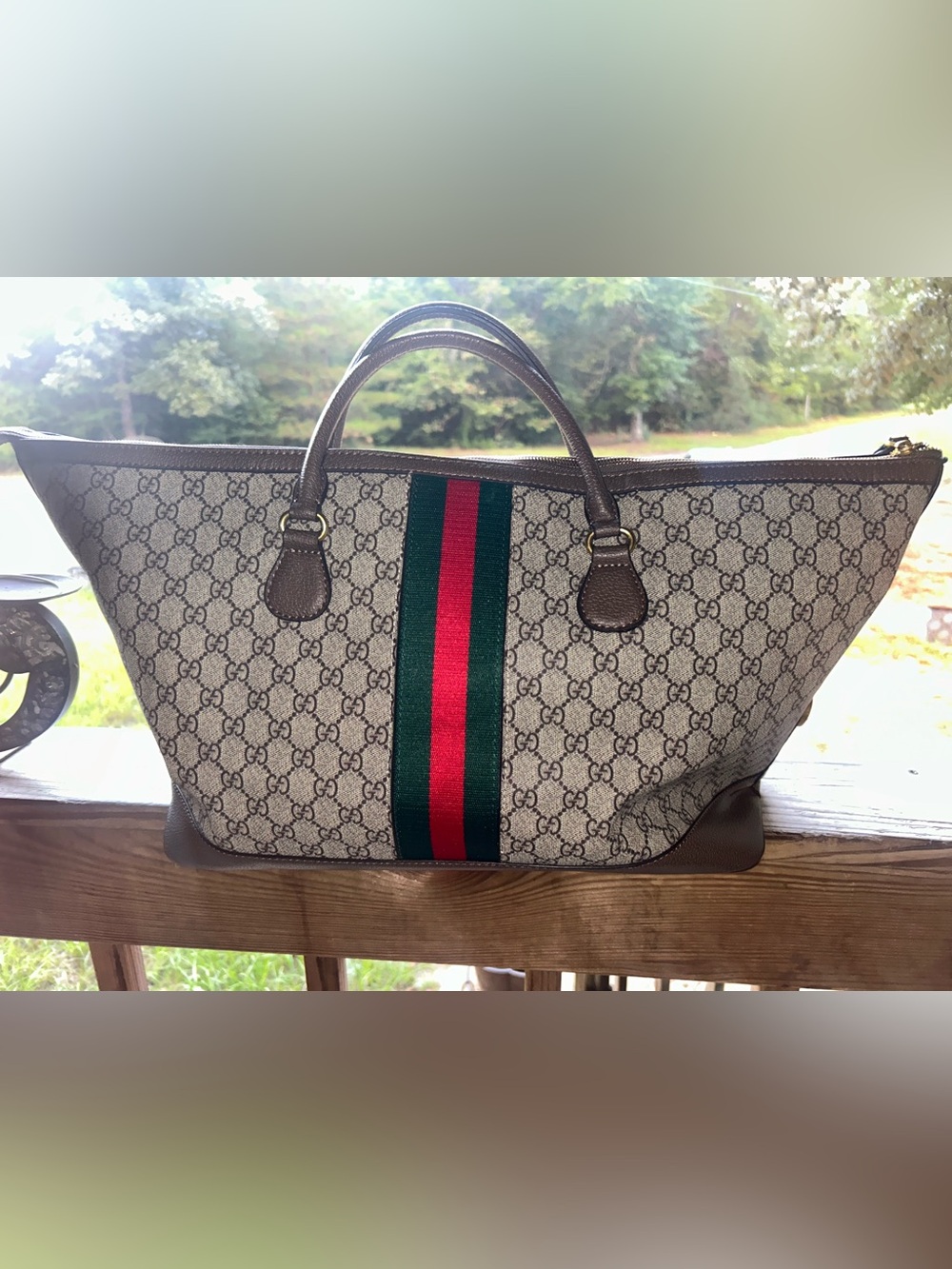 Gucci Brown Monogram Tote with Green and Red Stripe Center - Picture 2 of 6